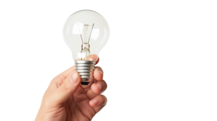 Hand holding light bulb on transparent background
