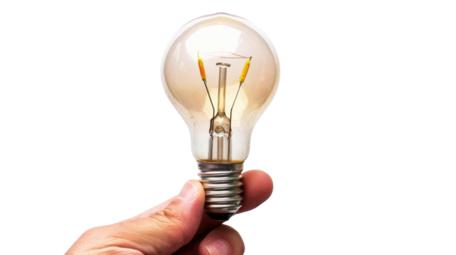 Hand holding light bulb on transparent background