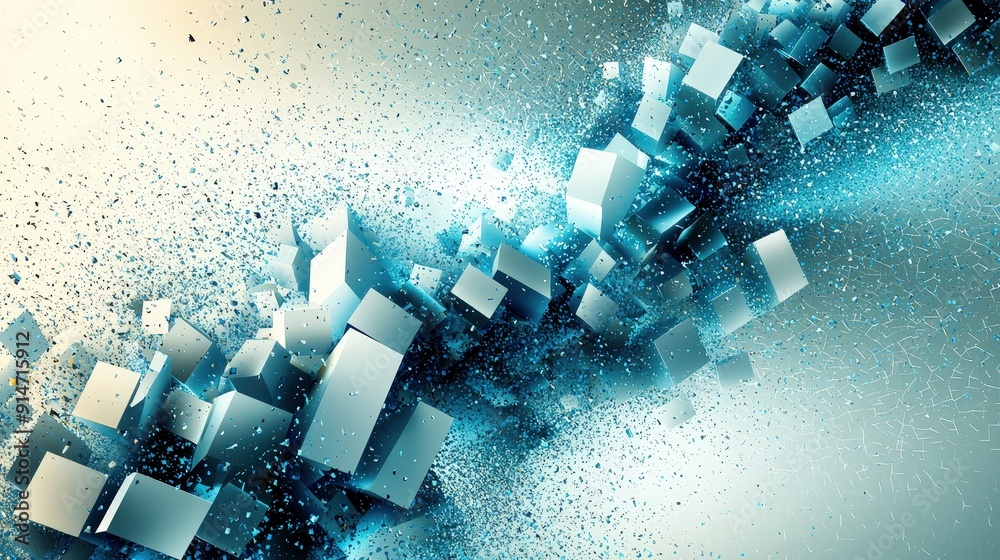 Poster shattered geometric shapes explode in a vibrant blue and white backdrop, showcasing a dynamic digita