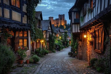 Fototapeta premium A quaint street lined with timber-framed cottages glows softly as twilight descends, with a castle visible in the background