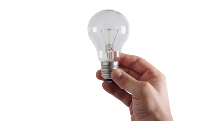 Hand holding light bulb on transparent background