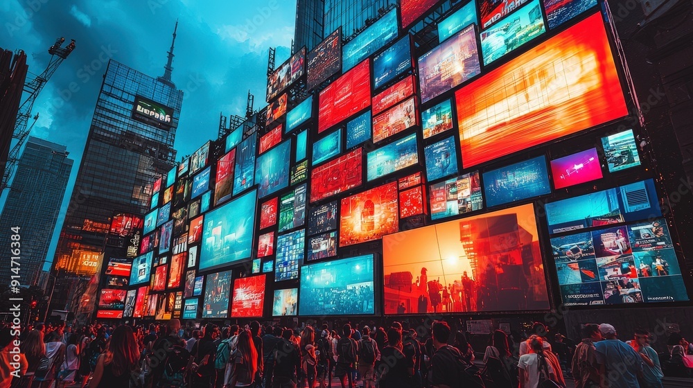 Poster Crowds gather in an urban setting as vibrant displays illuminate the surroundings with dynamic visuals at twilight