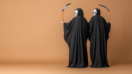 Two grim reapers in black cloaks, holding scythes, stand back to back against a warm orange background, evoking mystery.