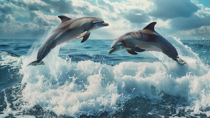 Naklejka premium Dolphins in midair above crashing waves, playful scene, whimsical, overlay, marine life backdrop