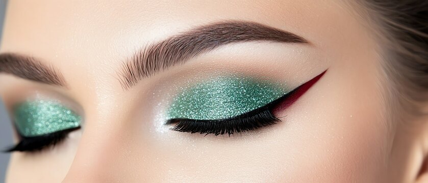 Close-up of glamorous eye makeup featuring vibrant green eyeshadow and bold eyeliner, perfect for beauty and fashion visuals.