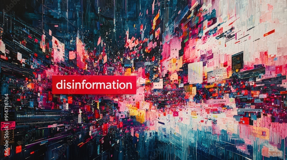 Poster vivid colors and data visuals illustrate the overwhelming spread of disinformation in today's digita