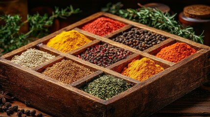 Fototapeta premium Assorted spices in wooden box with rustic background