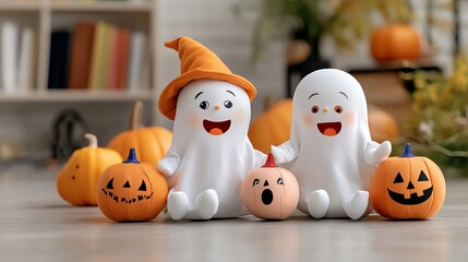 Cheerful Halloween ghosts with pumpkins, perfect for festive decorations and seasonal themes. Enjoy the playful spirit of autumn!