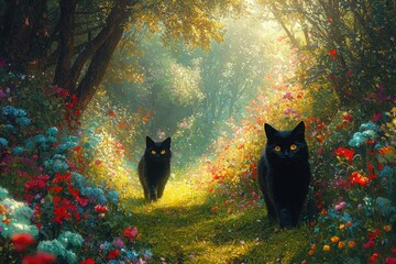 Two black cats stroll along a flower-lined path in a sunlit forest, surrounded by colorful blooms and lush greenery