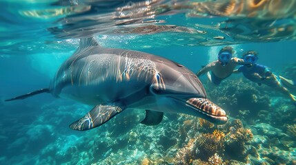 Fototapeta premium Dolphins swimming with snorkelers, clear blue sea, ethereal, overlay, tropical lagoon backdrop