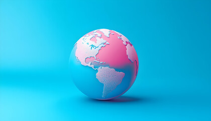 Fototapeta premium 3D illustration of a pink and blue globe, showing North and South America on a kitsch blue background