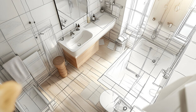 3D illustration of a modern bathroom interior sketch transforming into a real interior, top view