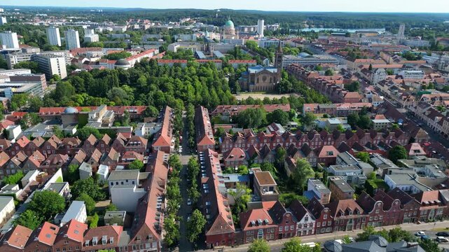 Potsdam dutch quarter architecture houses. Smooth aerial view flight drone