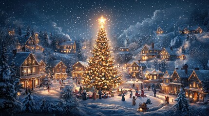 Families gather around a glowing Christmas tree in a snowy village, enjoying the holiday spirit amidst twinkling lights and decorations