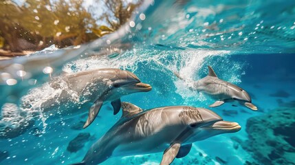 Fototapeta premium Playful dolphins jumping through waves, clear blue ocean, vibrant, double exposure, tropical island backdrop