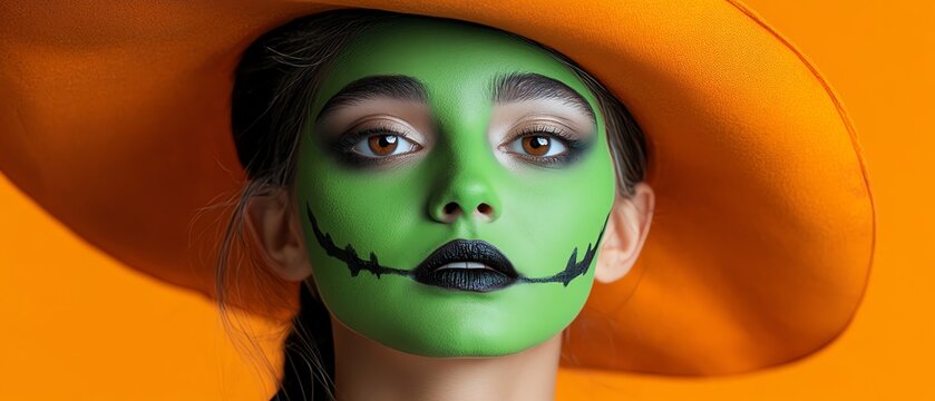 A model with vibrant green face paint and a large orange hat poses against an orange background, showcasing a festive Halloween look.