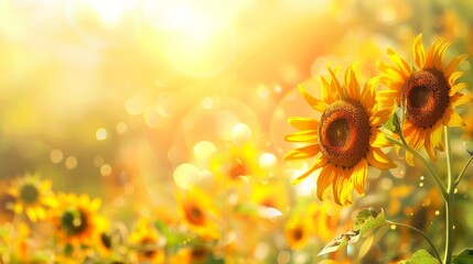 Obraz premium Two sunflowers stand tall in a field of blooms, bathed in the warm glow of the setting sun.