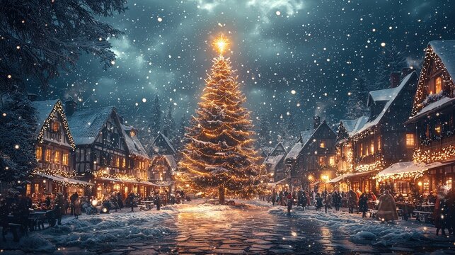 A picturesque village displays a grand Christmas tree surrounded by twinkling lights and people enjoying the winter festivities in a snowy atmosphere