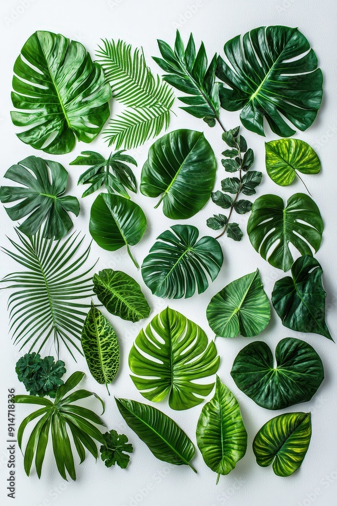 Aufkleber Various green leaves are creatively arranged on a light background, showcasing their unique shapes and textures in a natural display