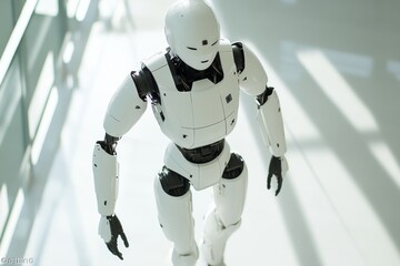 Fototapeta premium Autonomous humanoid robot navigating through a warehouse integrating advanced robotics into logistics
