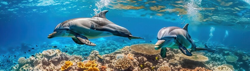 Obraz premium Snorkeling with dolphins, underwater adventure, vibrant, blend mode, coral reef backdrop