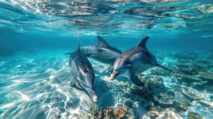 Obraz premium Underwater snorkeling encounter with dolphins, crystal clear water, dynamic, manipulation, ocean floor backdrop