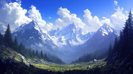 Obraz premium A tranquil mountain pass with towering peaks and a clear blue sky