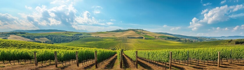 Fototapeta premium A picturesque vineyard with rolling hills and a bright blue sky