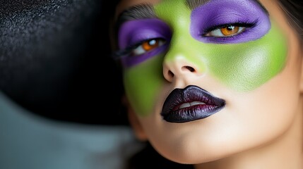 A striking portrait of a woman with vibrant green and purple face makeup, exuding a bold and enchanting Halloween vibe.