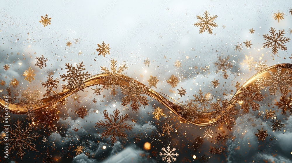 Poster golden swirls and snowflakes dance in a cloudy winter sky during dusk, creating a magical festive at