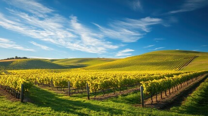 Fototapeta premium A picturesque vineyard with rolling hills and a bright blue sky