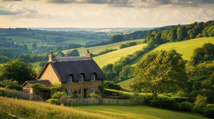 Obraz premium A picturesque countryside scene with rolling hills and a thatched cottage