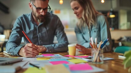 Fototapeta premium Focused Collaboration: Brainstorming and Planning with Sticky Notes