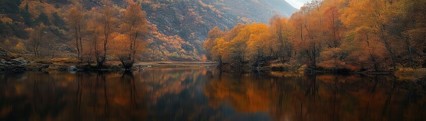 A tranquil lake surrounded by autumn foliage in a secluded valley