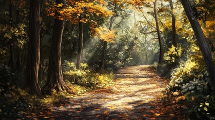 Fototapeta premium A tranquil forest path with fallen leaves and dappled sunlight