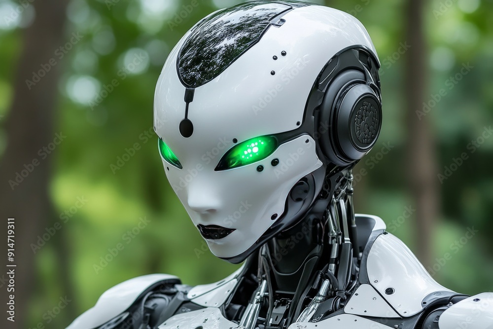 Sticker Futuristic female robot with advanced auditory enhancements blending human like features with cutting edge technology