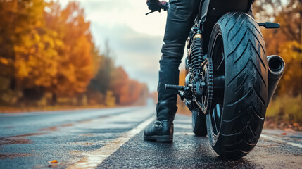 close-up of a motorcycle on an autumn road, focus on rear wheel