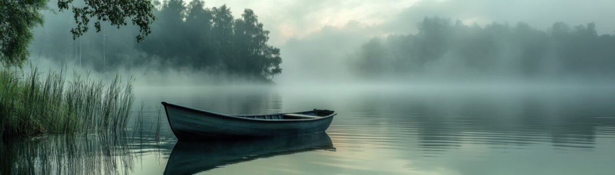 A serene lakeside scene with a rowboat and a misty morning