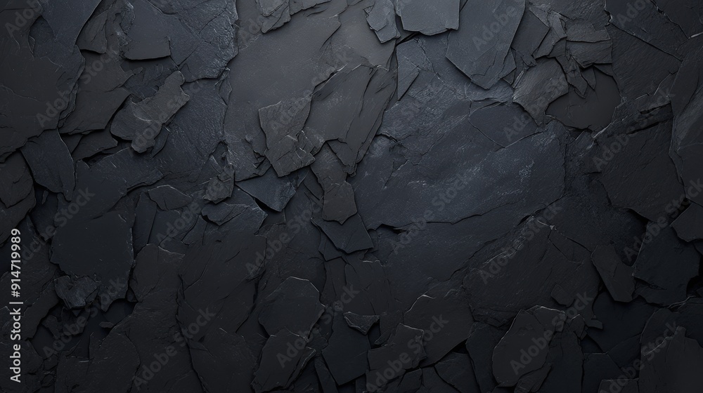 Fototapete a close-up view of a textured dark stone wall showcasing uneven slate layers and cracks, highlighted