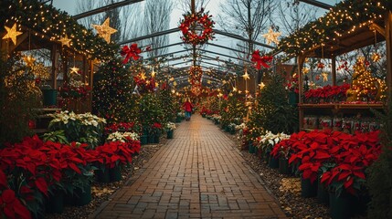 Visitors stroll through a beautifully decorated garden center filled with poinsettias and twinkling lights celebrating the holiday spirit