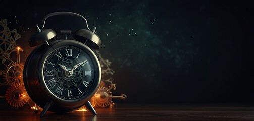 A vintage alarm clock with floating mystical symbols and glowing gears against a dark background. Time and magic concept banner.