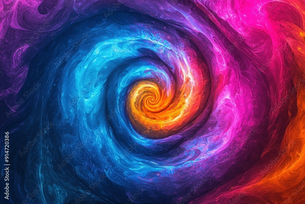 Poster a dynamic swirl of colors blends blue, purple, and orange, creating an abstract representation of en