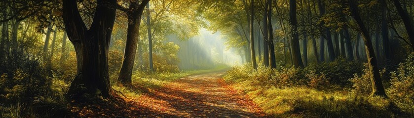Obraz premium A tranquil forest path with fallen leaves and dappled sunlight