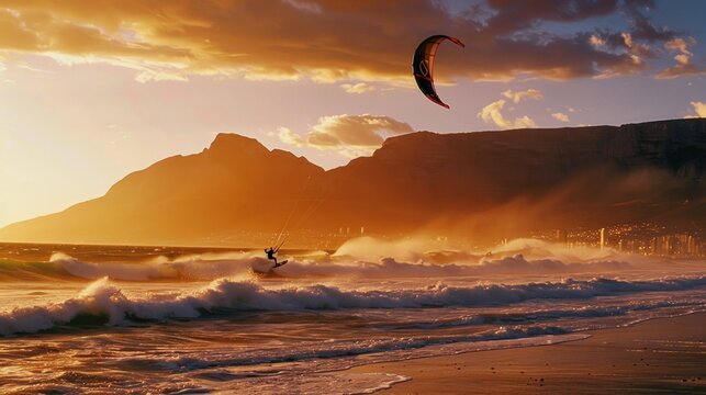 Kitesurfer at Sunset with Mountain Backdrop