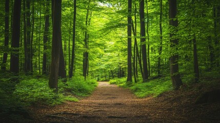 Fototapeta premium A serene forest trail with a canopy of vibrant green leaves