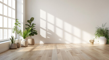 Fototapeta premium Minimalist interior with a wooden floor, an empty wall mockup, sunlight and plants ,modern interior design,modern living room, room with wall and window, room with a window, plant pot in room