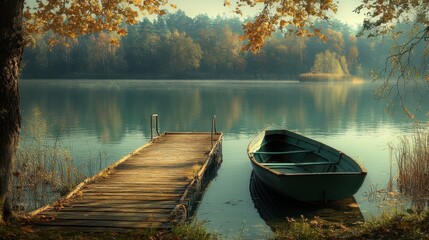 Fototapeta premium A serene lakeside view with a wooden dock and a rowboat