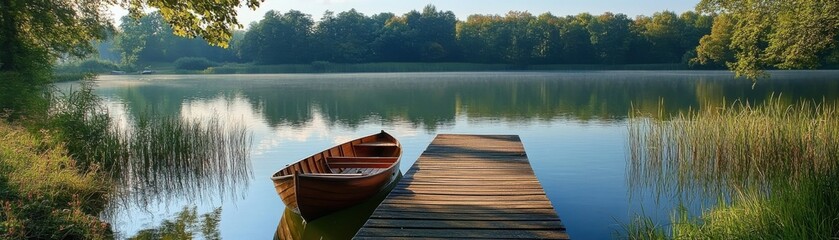 Fototapeta premium A serene lakeside view with a wooden dock and a rowboat
