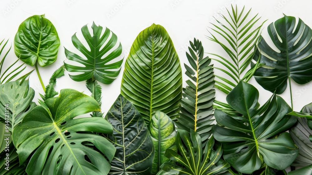 Poster a collection of various tropical leaves, showcasing shades of green and different shapes arranged in