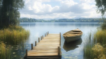 Obraz premium A serene lakeside view with a wooden dock and a rowboat